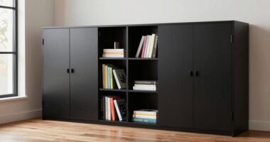 clutter free office bookshelf doors